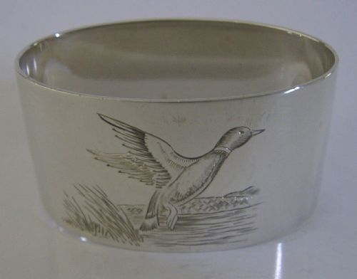 Rare English Sterling Silver Duck Engraved Napkin Ring 1966 Hunting Shooting