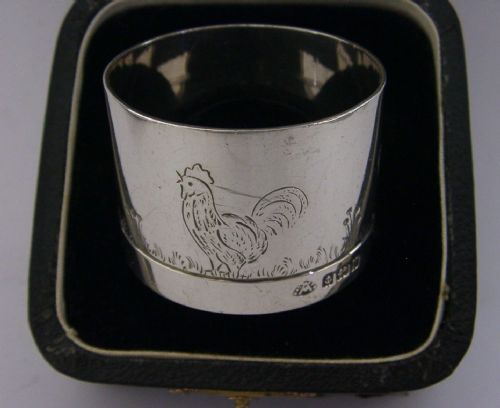 Rare Cased English Sterling Silver Chicken Hens Napkin Ring 1927 Art Deco