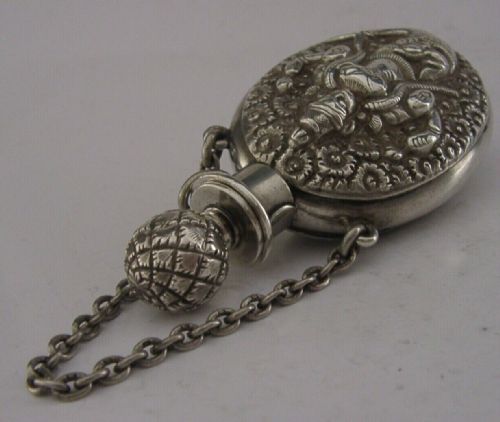 Rare Indian Solid Silver Scent Perfume Bottle Hip Flask C1880 Antique 76g Diety