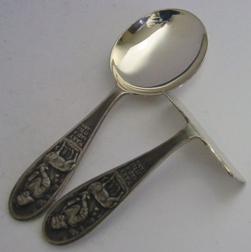 English Sterling Silver Nursery Rhyme Baby Feeding Set 1965 Christening Gift