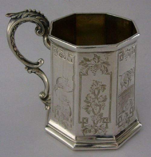 Rare English Victorian Solid Sterling Silver Wolf Crane Fable Mug 1854 Antique