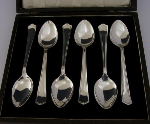 Set of Six English Sterling Silver Spoons 1945 Art Deco Antique Cased 88g