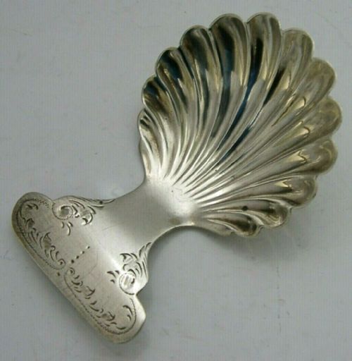 English Solid Sterling Silver Scalloped Bowl Caddy Spoon 1936 Antique Beautiful