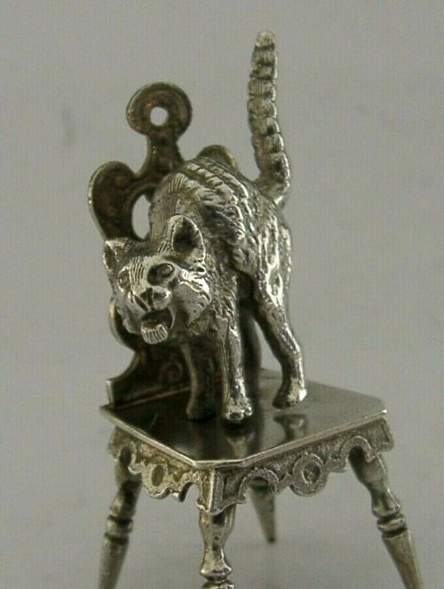 Rare Beautiful Solid Silver Angry Cat on Chair German C1900 Miniature