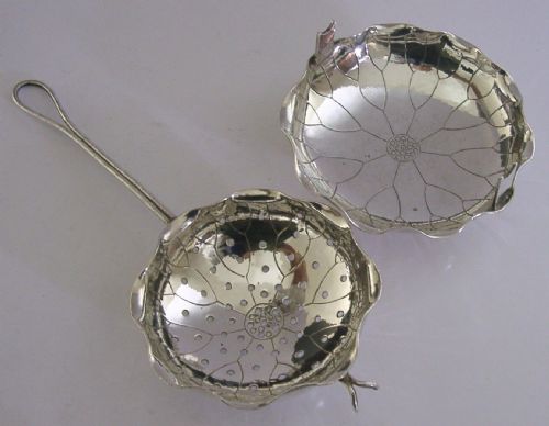Rare Chinese Export Solid Silver Tea Strainer and Drip Bowl Stand C1900