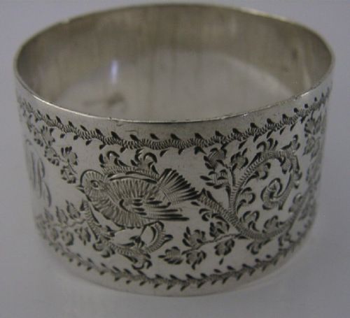 Beautiful English Victorian Solid Sterling Silver Birds Napkin Ring 1899 Antique