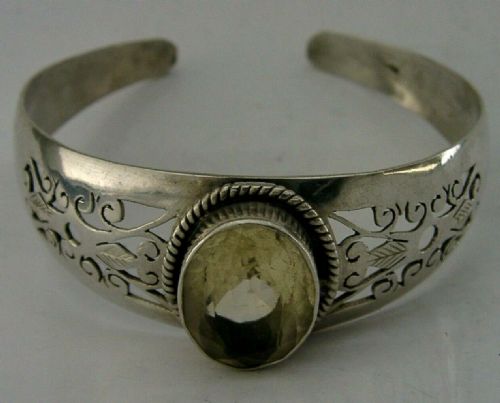 Beautiful Solid Sterling Silver Citrine Gem Stone Bangle Bracelet C1950
