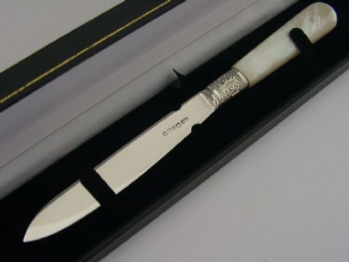 English Georgian Solid Sterling Silver Mop Letter Opener 1830 Boxed