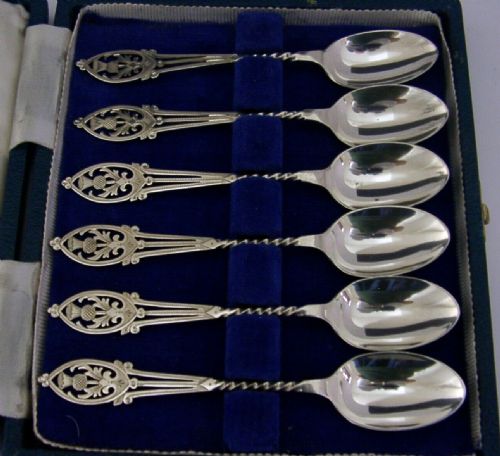 Beautiful Cased English Thistle Sterling Silver Spoons 1908/9 Antiques 56g