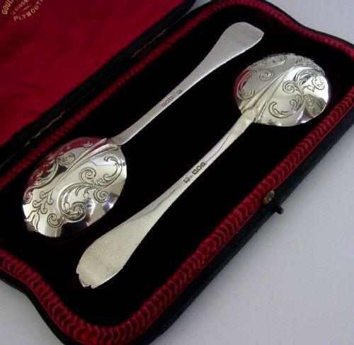 Stunning English Sterling Silver Fancy Back Serving Spoons 1905 Antique 126g