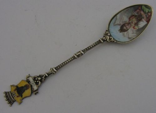 Picture Bowl Solid Silver Enamel Uri Switzerland Souvenir Spoon C1910 Antique