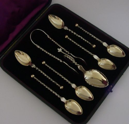 Beautiful Norwegian Solid Silver Spoons Caddy Spoon Sugar Tongs Set 1900 Antique