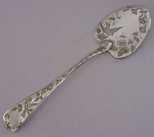 English Victorian Solid Sterling Silver Birds Butter Spade Spreader 1879 Antique