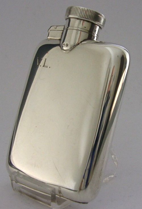 Mint English Solid Sterling Silver Spirit Hip Flask 1927 Art Deco Antique 86g