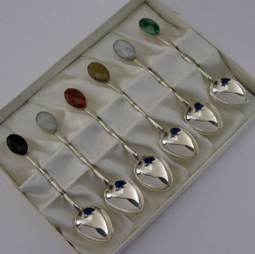 Set of Six Chinese Export Sterling Silver Jade Spoons C1940 Antique 48g