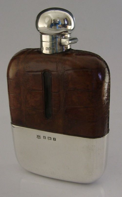 English Antique Sterling Silver Crocodile Hip Spirit Flask 1905 Hunting Shooting