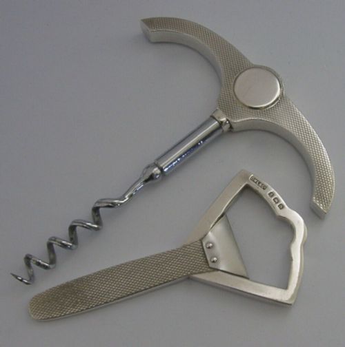 Art Deco Mint English Sterling Silver Corkscrew Bottle Opener Set Barware 1937