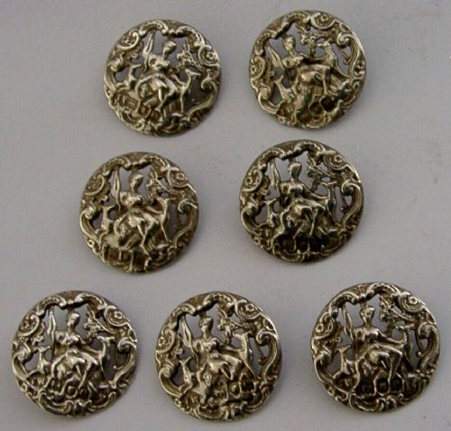 7 Rare 1900 Victorian Dianna Roman Godess Solid Sterling Silver Buttons Antique