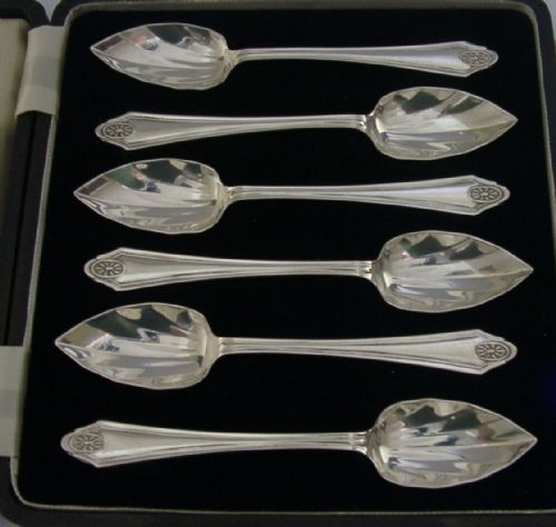 Heavy 130g 6 Sterling Silver Art Deco Grapefruit Citrus Spoons 1940 Case Antique