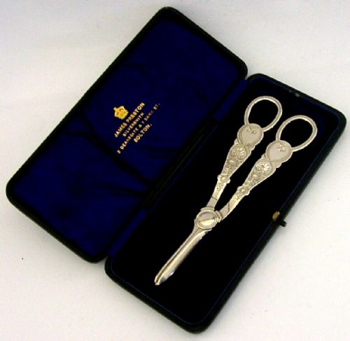 Rare Cased Antique English Solid Sterling Silver Grape Scissors Shears 1903