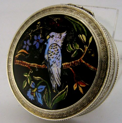 Rare Austrian Sterling Silver Enamel Compact Case Box Antique 1926 Cockatoo