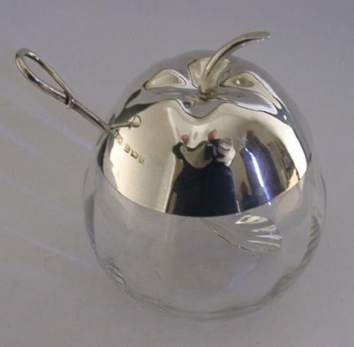 English Sterling Silver Glass Apple Sauce or Jam Pot & Spoon 1906 Antique