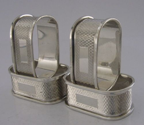 Set of Four English Solid Sterling Silver Engine Turned Napkin Rings 1959