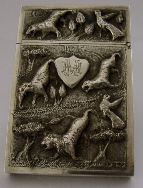 Beautiful Indian Solid Silver Card Case C1890 Antique 92g Animals Birds