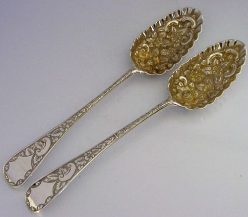 Pair of Georgian 1766 English Sterling Silver Berry Serving Spoons Antique 142g