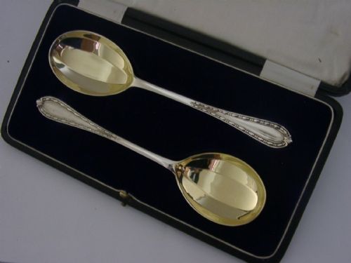 Cased Pair of English Solid Sterling Silver Serving Spoons 1922 Antique 92g Art Deco