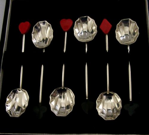 Six Sterling Silver Playing Card Spoons 1932 Antique Art Deco Cased Bridge Poker