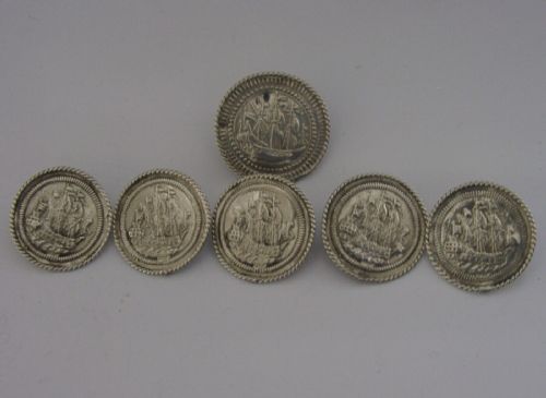 Rare Set of Six Dutch Solid Silver Galleon Ship Buttons 1890 Antique