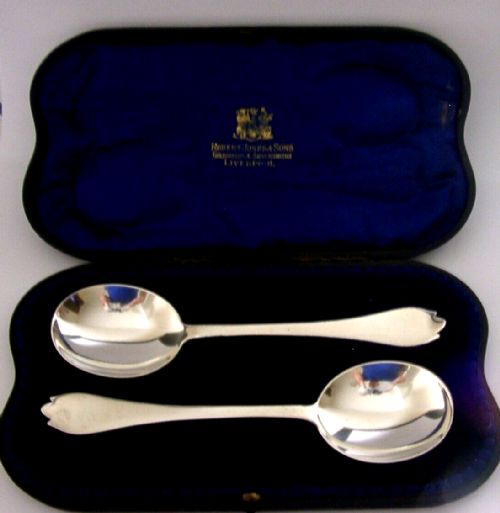 Pair of Sterling Silver Serving Spoons Rat Tail Trefid 1908 Antique 102g Cased Liverpool