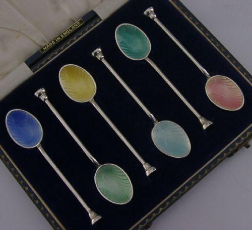 Six Beautiful English Sterling Silver Enamel Spoons 1961 Cased