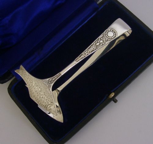Rare English Sterling Silver Sardine Fish Serving Tongs 1909 Antique Cased