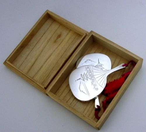 Novelty Japanese Sterling Silver Fan Salt & Pepper Pots Cruets C1950 Boxed
