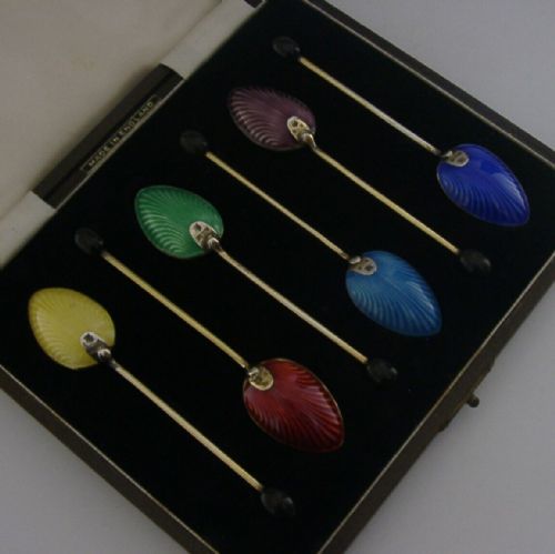 Art Deco Six Solid Sterling Silver Enamelled Spoons 1954 English Cased