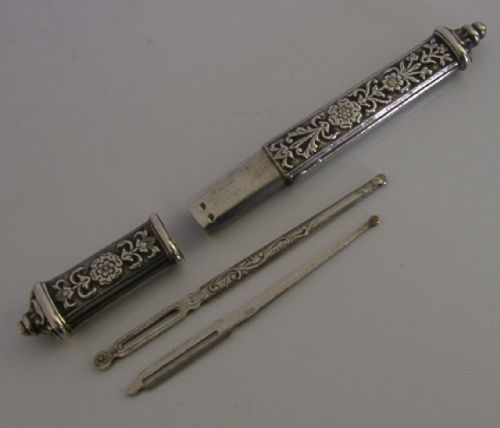 Beautiful French Solid Silver Needle Case with Needles Sewing Antique C1890