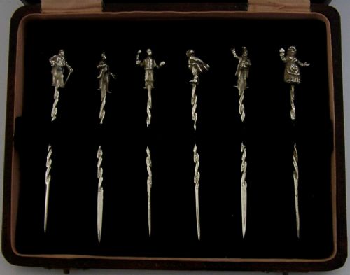 Rare Set of Six English Sterling Silver Dickens Figures Cocktail Sticks 1966 Barware