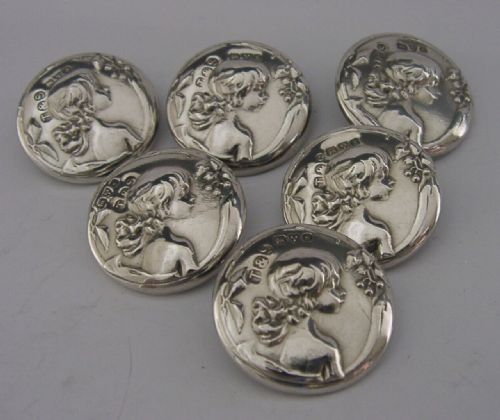 Stunning Art Nouveau Child Maiden Solid Sterling Silver Buttons Antique 1907
