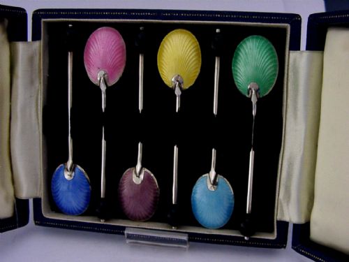 Stunning Six Solid Sterling Silver Enamelled Spoons 1963 English Cased