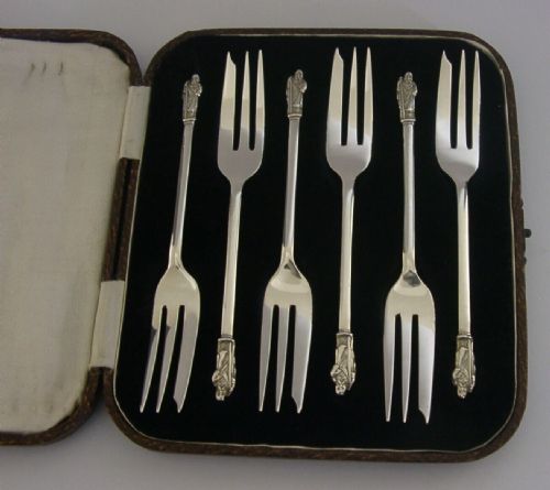 Six English Sterling Silver Apsotle Cake Pastry Forks 1926 Cased Religious