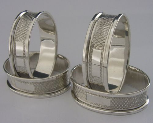 Set of Four English Solid Sterling Silver Engine Turned Napkin Rings 1960
