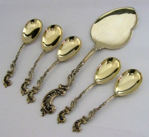 German 800 Solid Silver Ice Cream Server & 5 Spoons C1900 Antique 156g