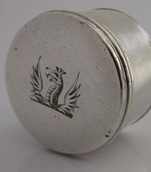 Rare C1760 Antique Sterling Silver Dragon Crested Patch Box Coxwell Family