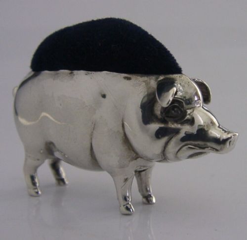 Novelty Edwardian Antique Sterling Silver Pig Pin Cushion 1905 Needlework Sewing
