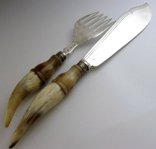 Antique Victorian Cow Horn Sterling Silver Fish Serving Set 1897 Antique 266g