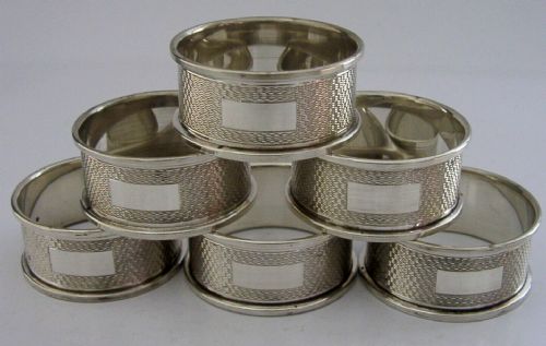 Set of Six English Solid Sterling Silver Napkin Rings 1960