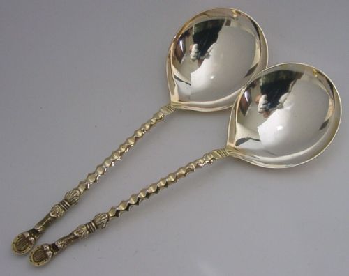 English Pair of Sterling Silver Horse Hoof Serving Spoons 1871 Hunting Riding Antiques