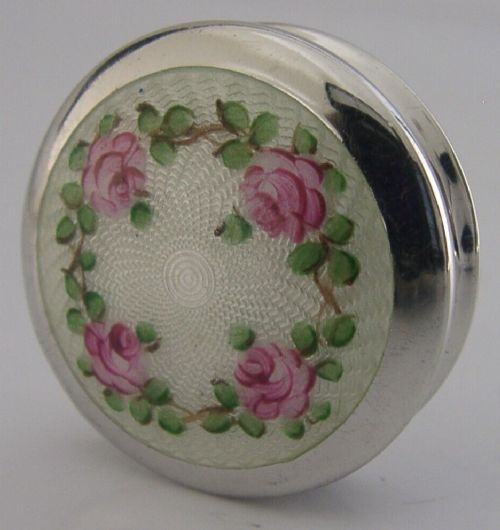 BEAUTIFUL SOLID STERLING SILVER ENAMEL ROSES BOX c1920 ANTIQUE
